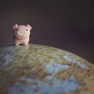 A toy pig standing on a globe