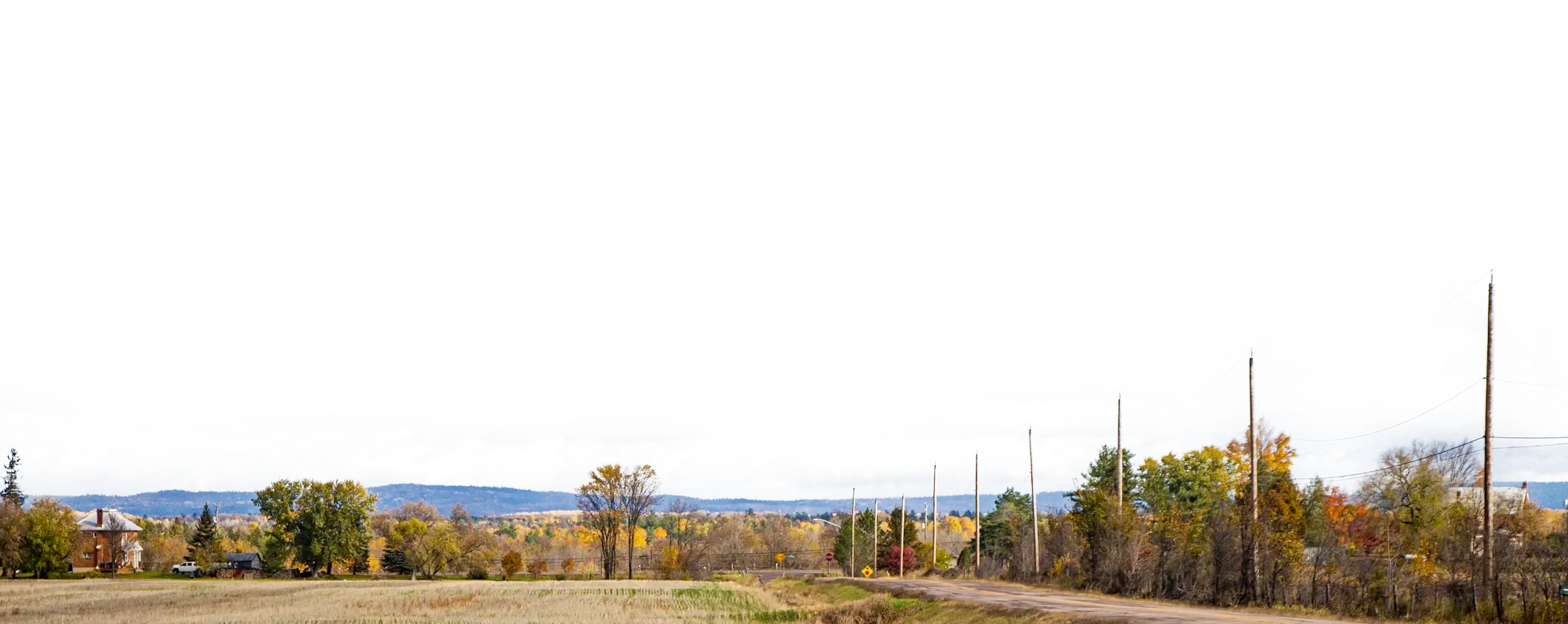 Image of a rural landscape with autumn foliage, road, and utility poles
